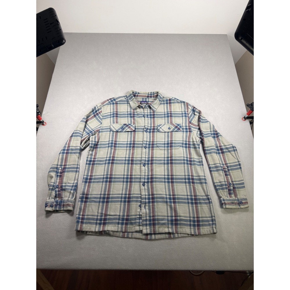 Patagonia Mens Organic Cotton Plaid Flannel Shirt Blue Cream XL Long Sleeve